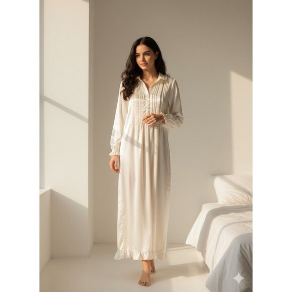 B by Barad Vtg 1980s Ivory Satin Ruffled Princess Length Night Gown Nighty Sz M - Picture 1 of 5
